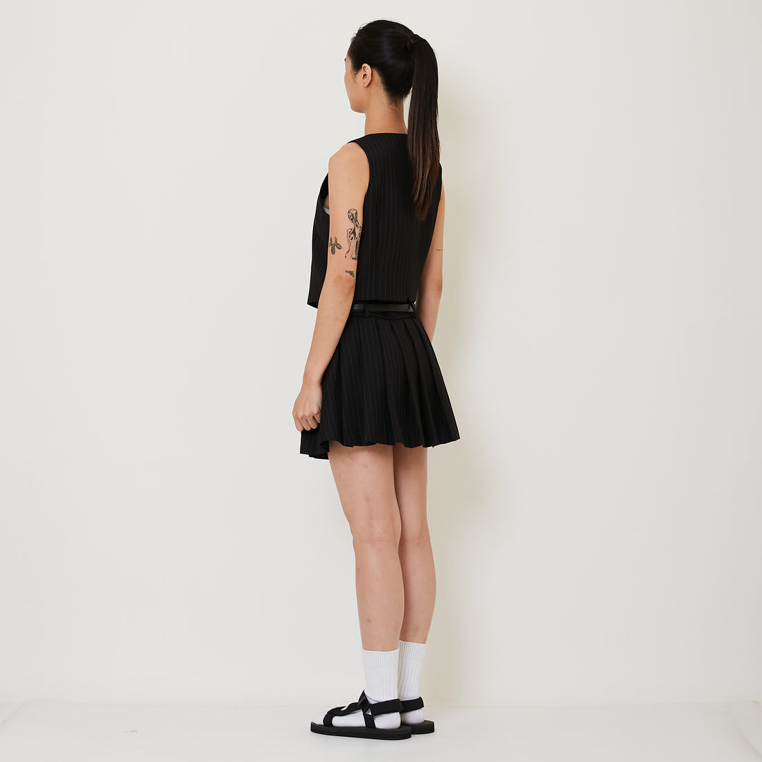 Women Pin Stripe Pleated Skort - Black - SW2411211A