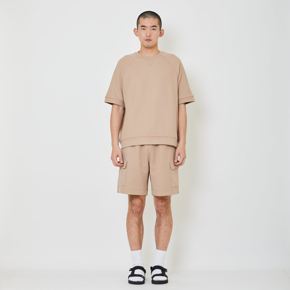 Men Waffle Knit Cargo Shorts - Beige - SM2404111B