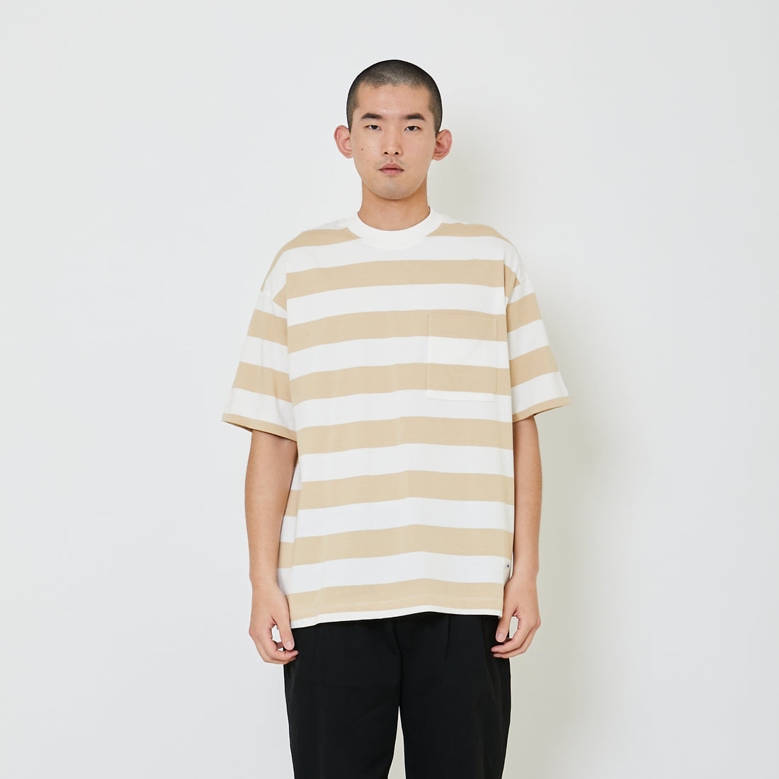 Men Oversized Stripe Tee - Khaki - SM2405081B