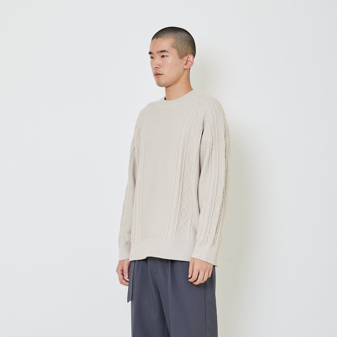 Men Oversized Cable Knit Sweater - Beige - SM2405091A