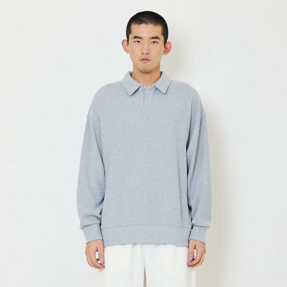 Men Oversized Polo Sweatshirt - Melange Grey - SM2407124B