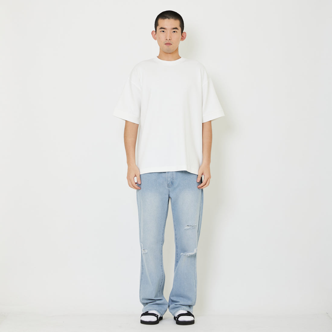 Men Straight Cut Long Jeans With Belt - Light Blue - SM2407131B