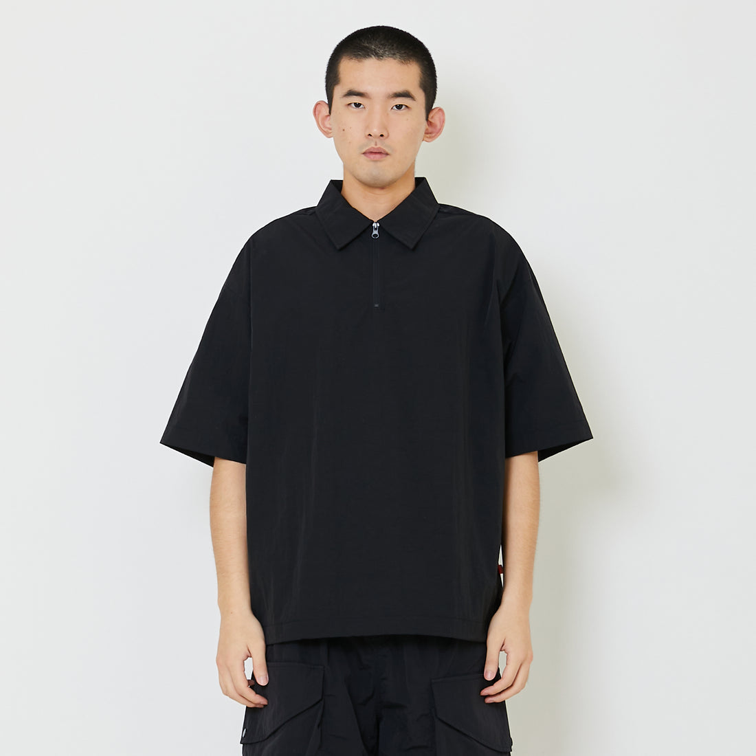 Mens Oversized Nylon Polo Tee - Black - SM2408141C