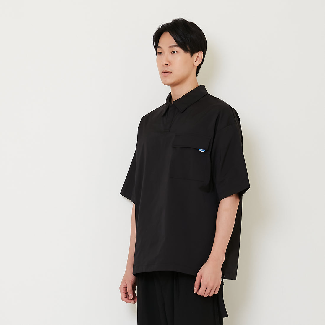 Men Oversized Nylon Polo Tee - Black - SM2412251B