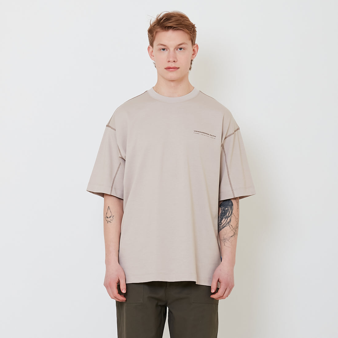 Men Printed Oversized Tee - Stone - SM2503053B