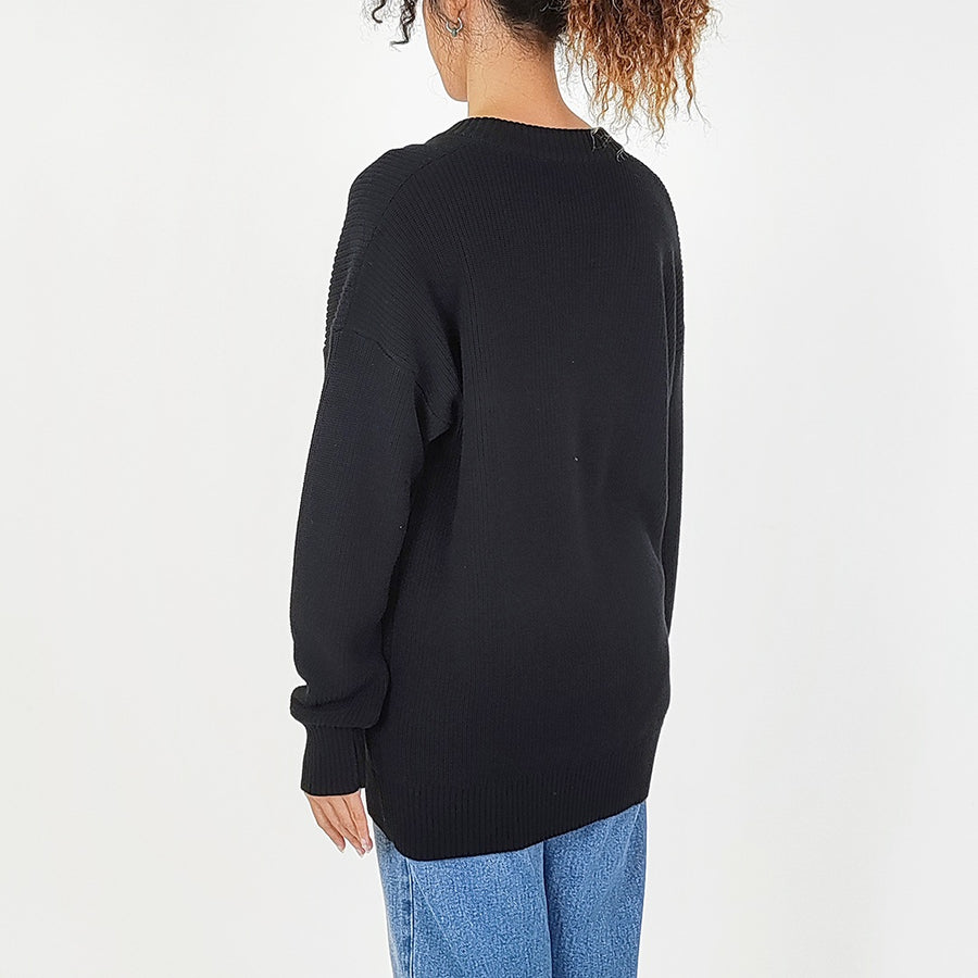 Women V Neck Sweater - Black - SW2310129B