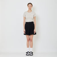 Women Pleated Shorts With Belt - Black - SW2401010D