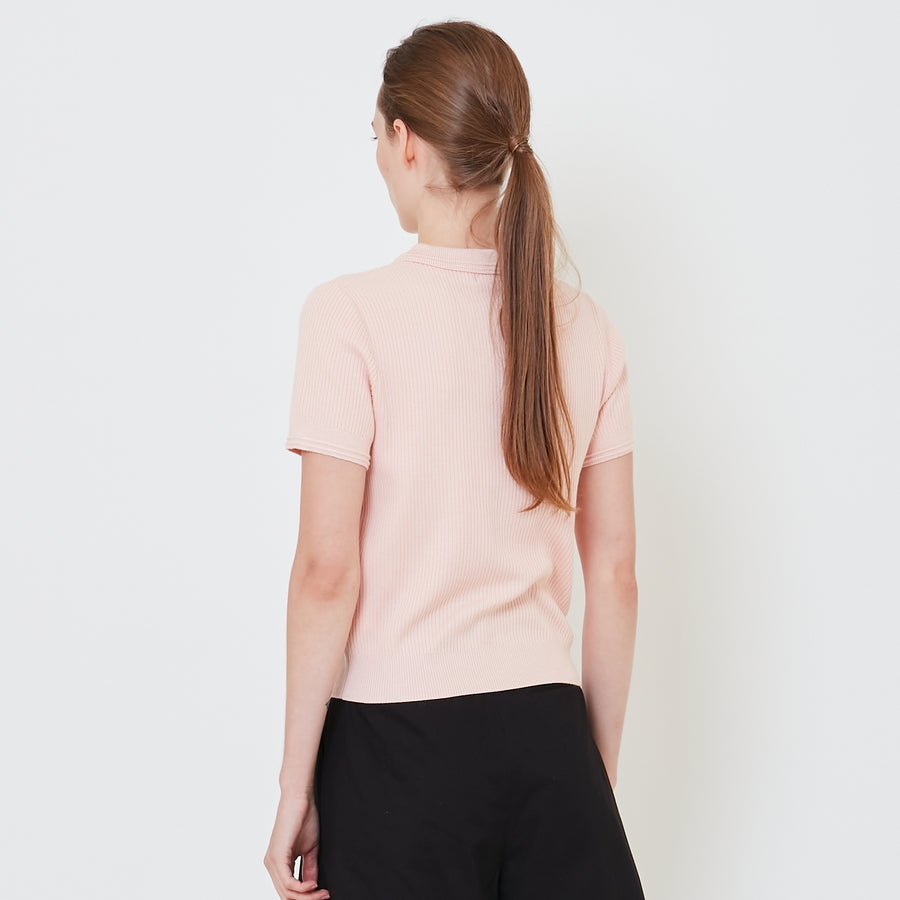 Women Knit Polo Top - Pink - SW2410166B