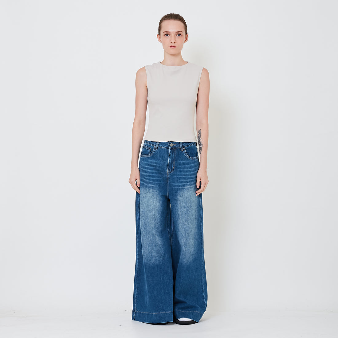 Women High Waist Palazzo Jeans - Navy - SW2410169B