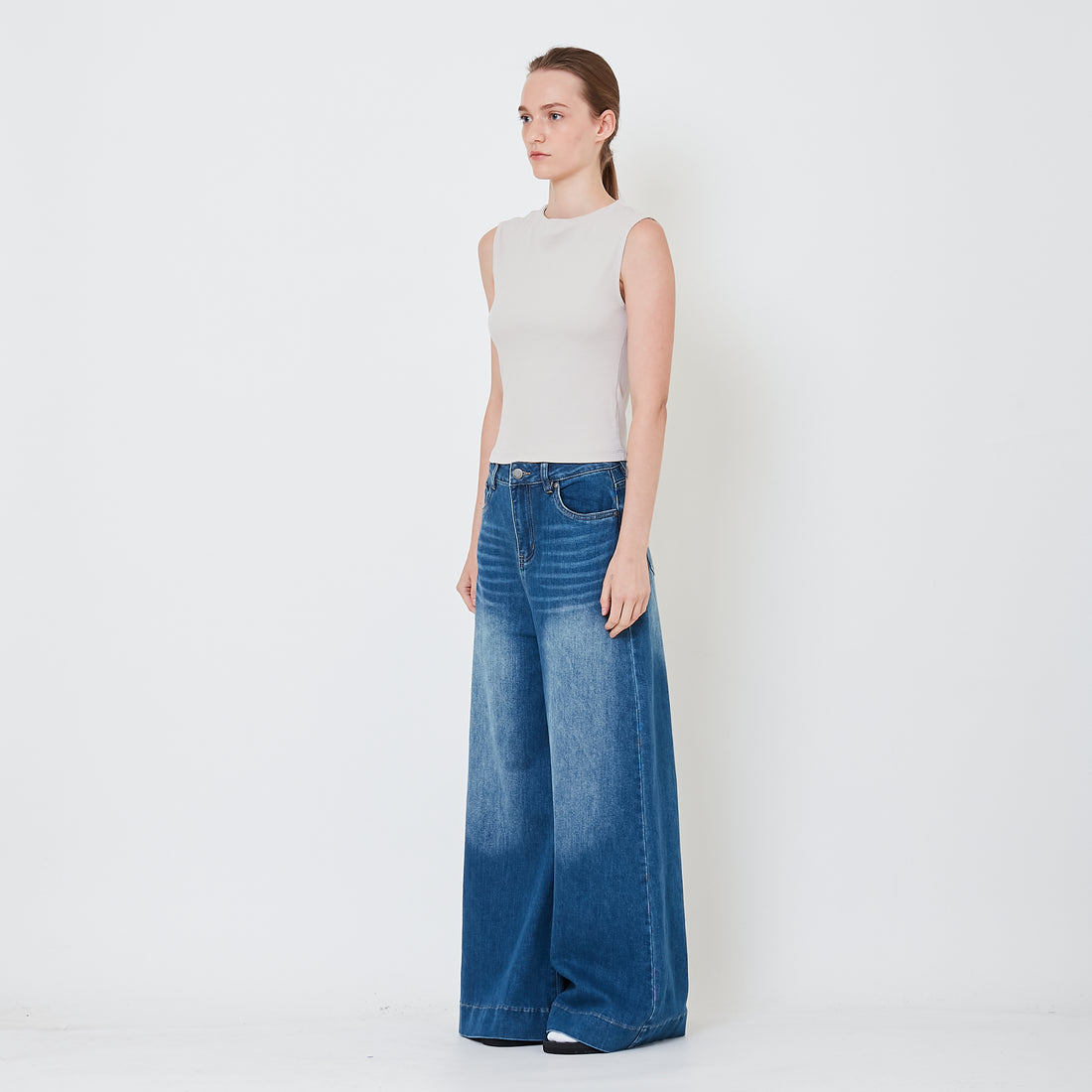 Women High Waist Palazzo Jeans - Navy - SW2410169B