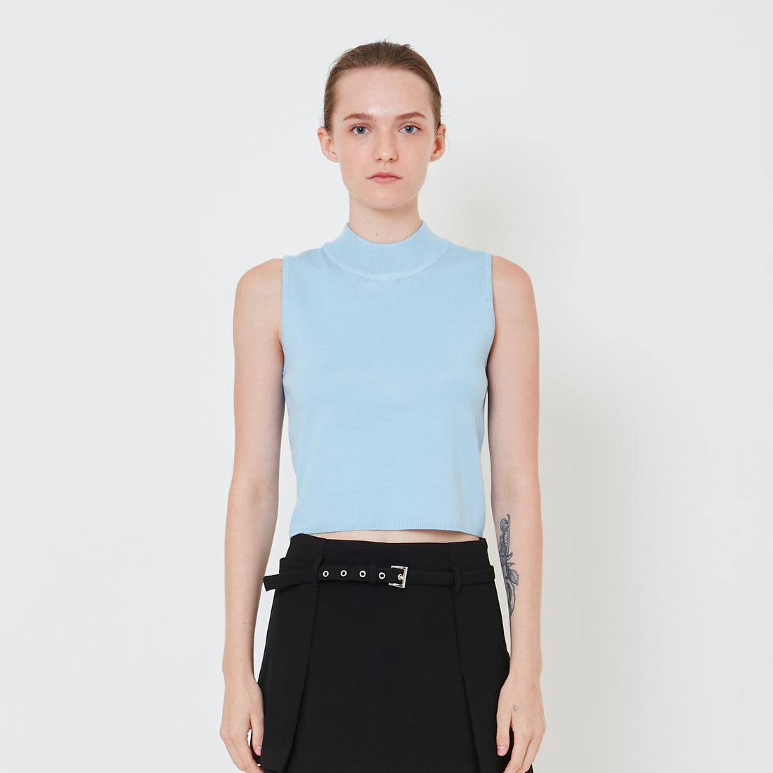 Women Mock Neck Knit Top - Light Blue - SW2411191C