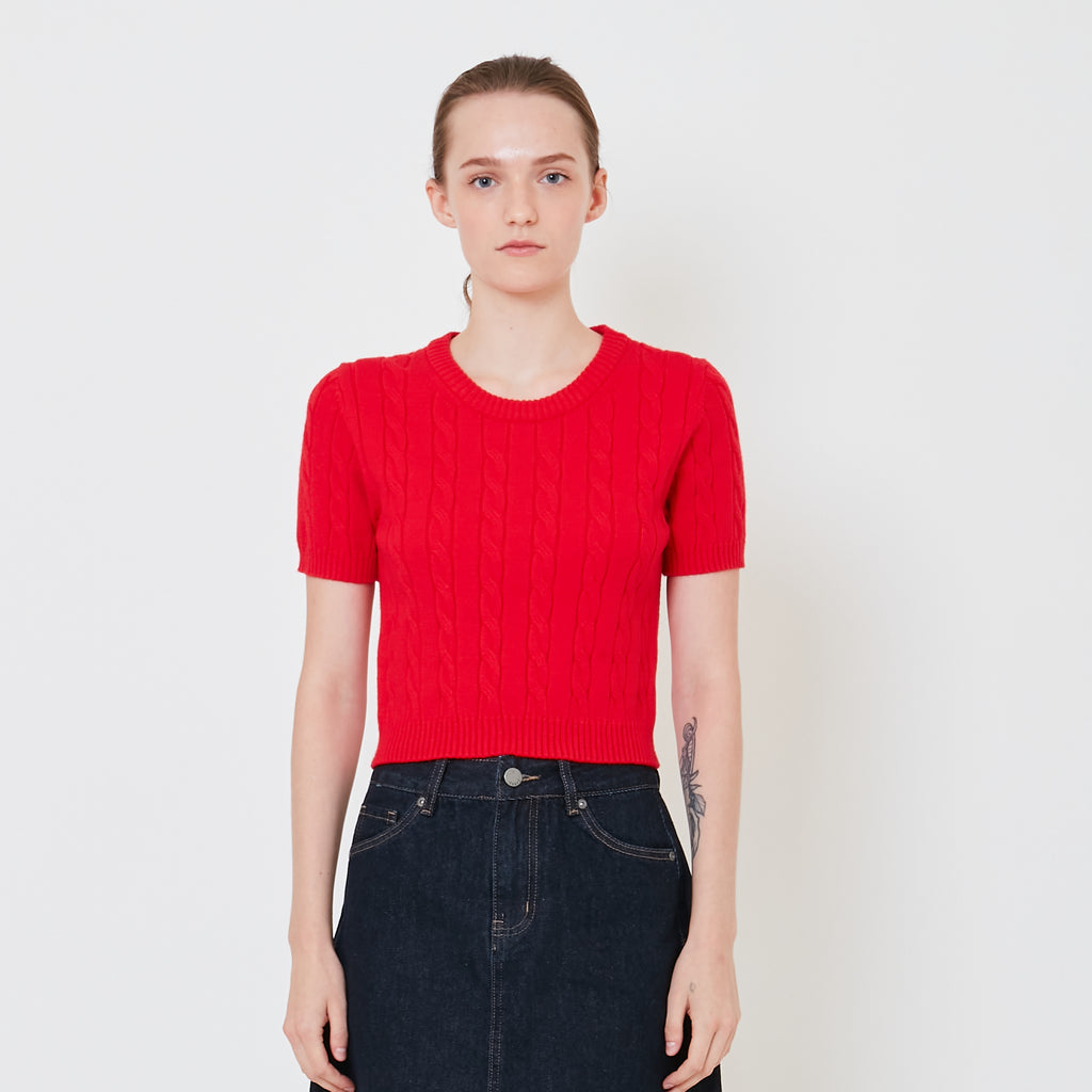 Women Cable Knit Top - Red - SW2411193D