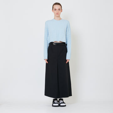 Women Pleated Maxi Skirt with Belt - Black - SW2411201B