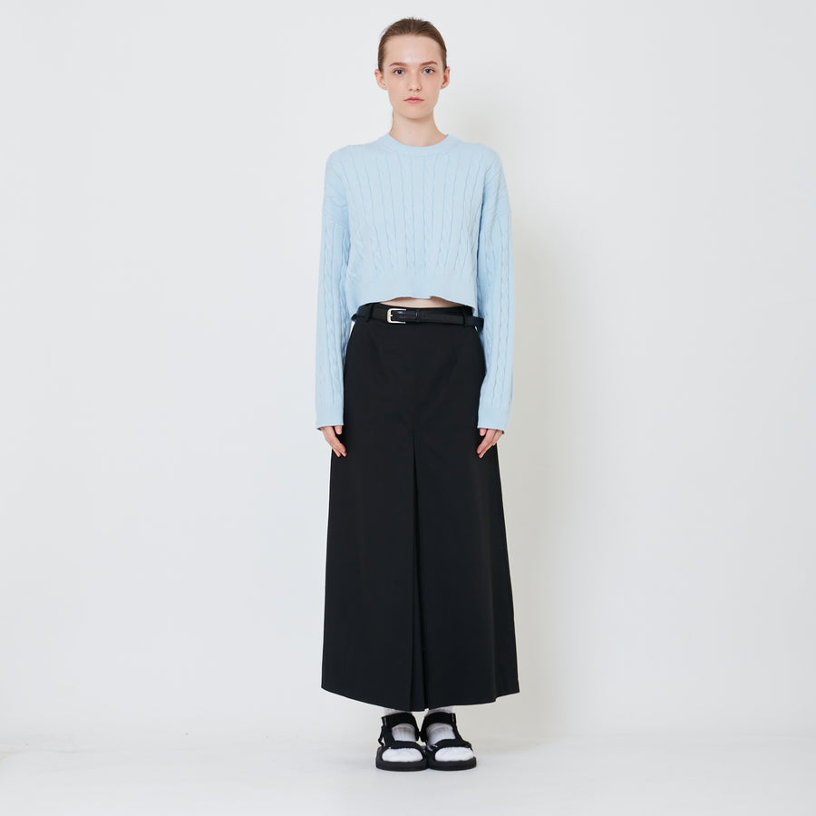 Women Pleated Maxi Skirt with Belt - Black - SW2411201B