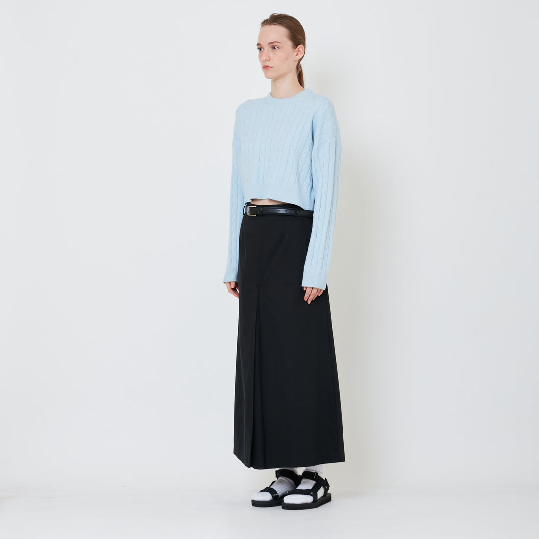 Women Pleated Maxi Skirt with Belt - Black - SW2411201B