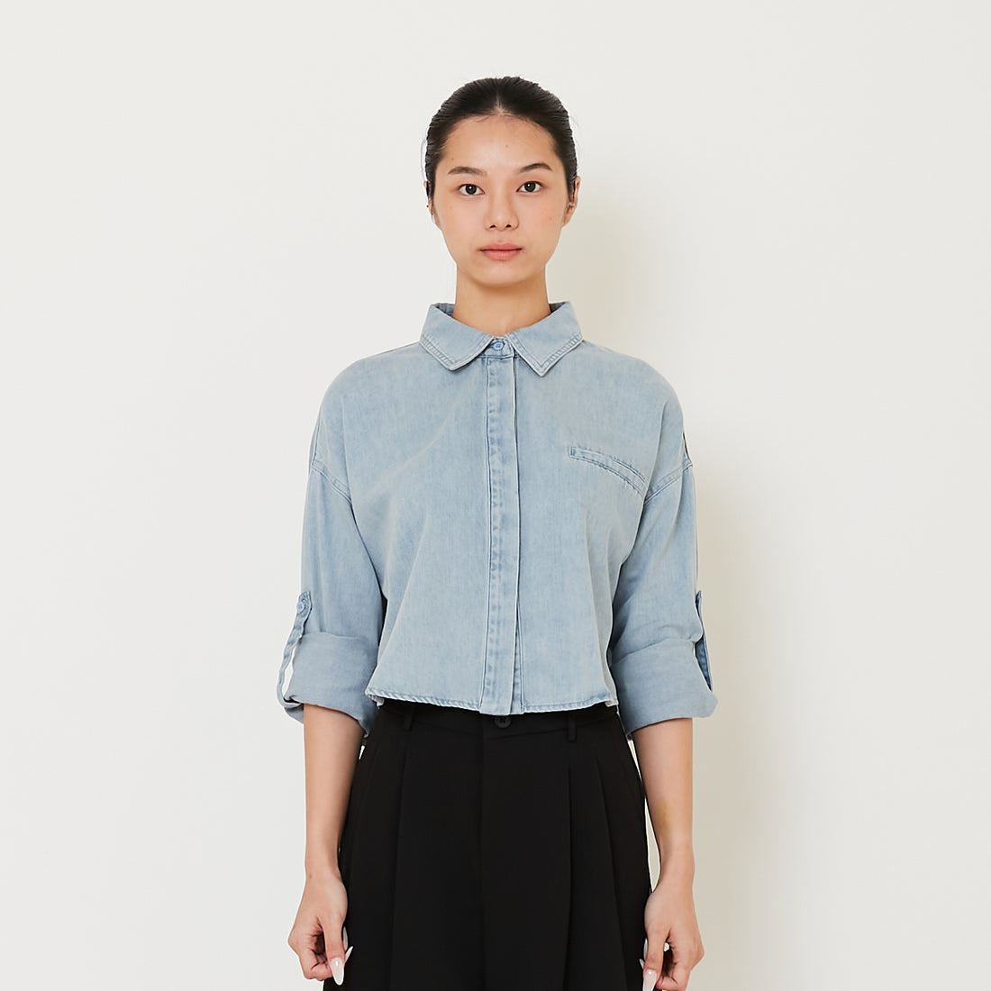 Women Cropped Shirt - Light Blue - SW2411202B