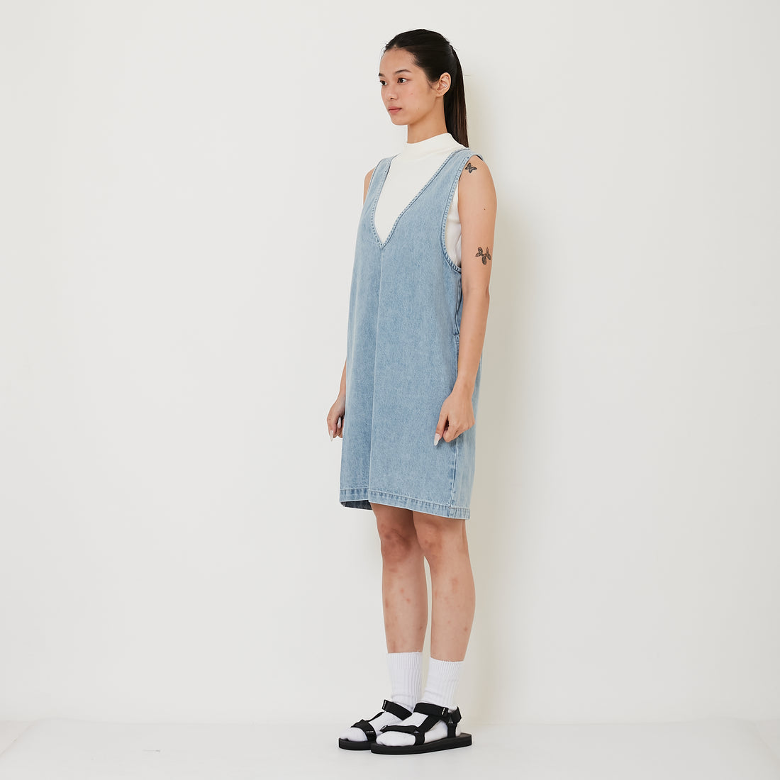 Women V-neck Denim Dress - Light Blue - SW2411208A