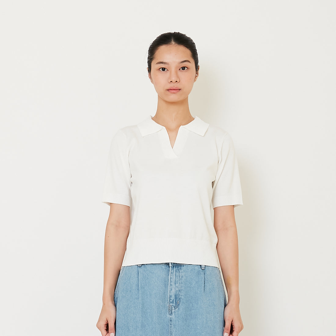 Women Knit Polo Top - Off White - SW2412224A