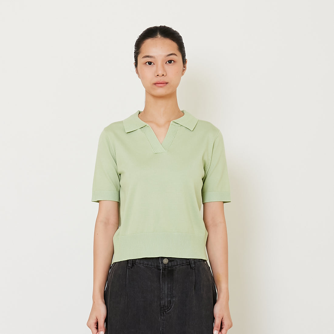 Women Knit Polo Top - Light Green - SW2412224B