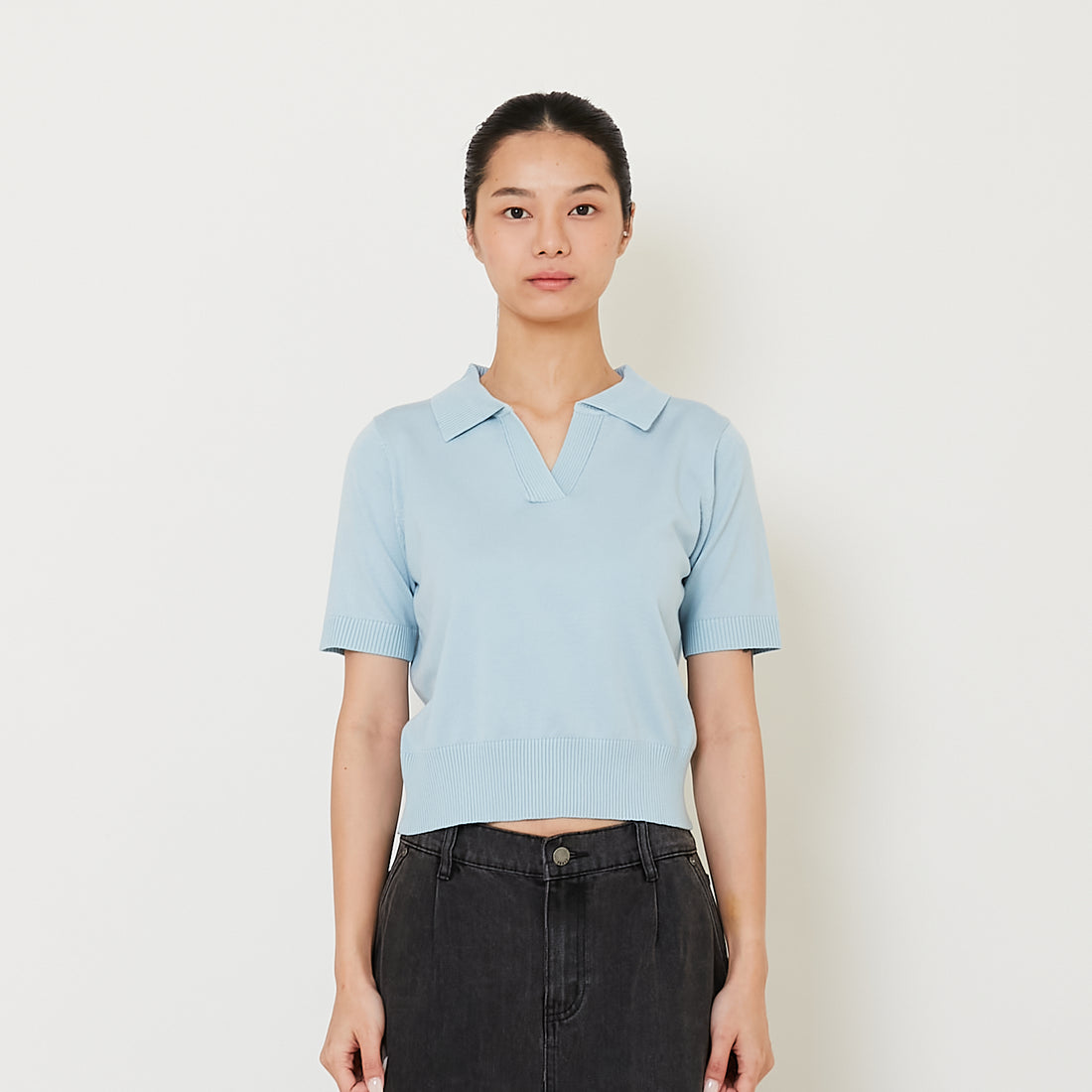 Women Knit Polo Top - Sky Blue - SW2412224C