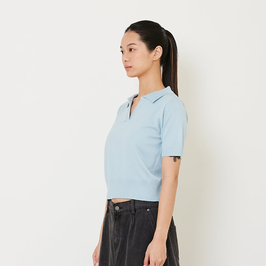 Women Knit Polo Top - Sky Blue - SW2412224C