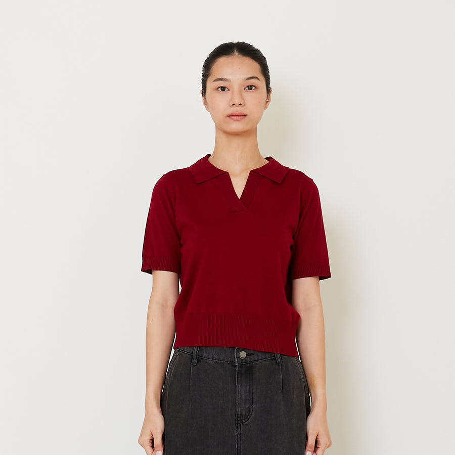 Women Knit Polo Top - Dark Red - SW2412224D