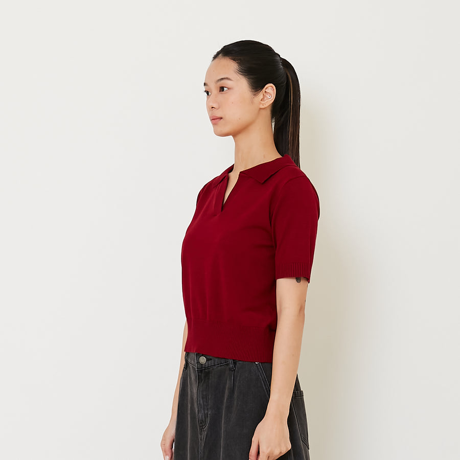 Women Knit Polo Top - Dark Red - SW2412224D