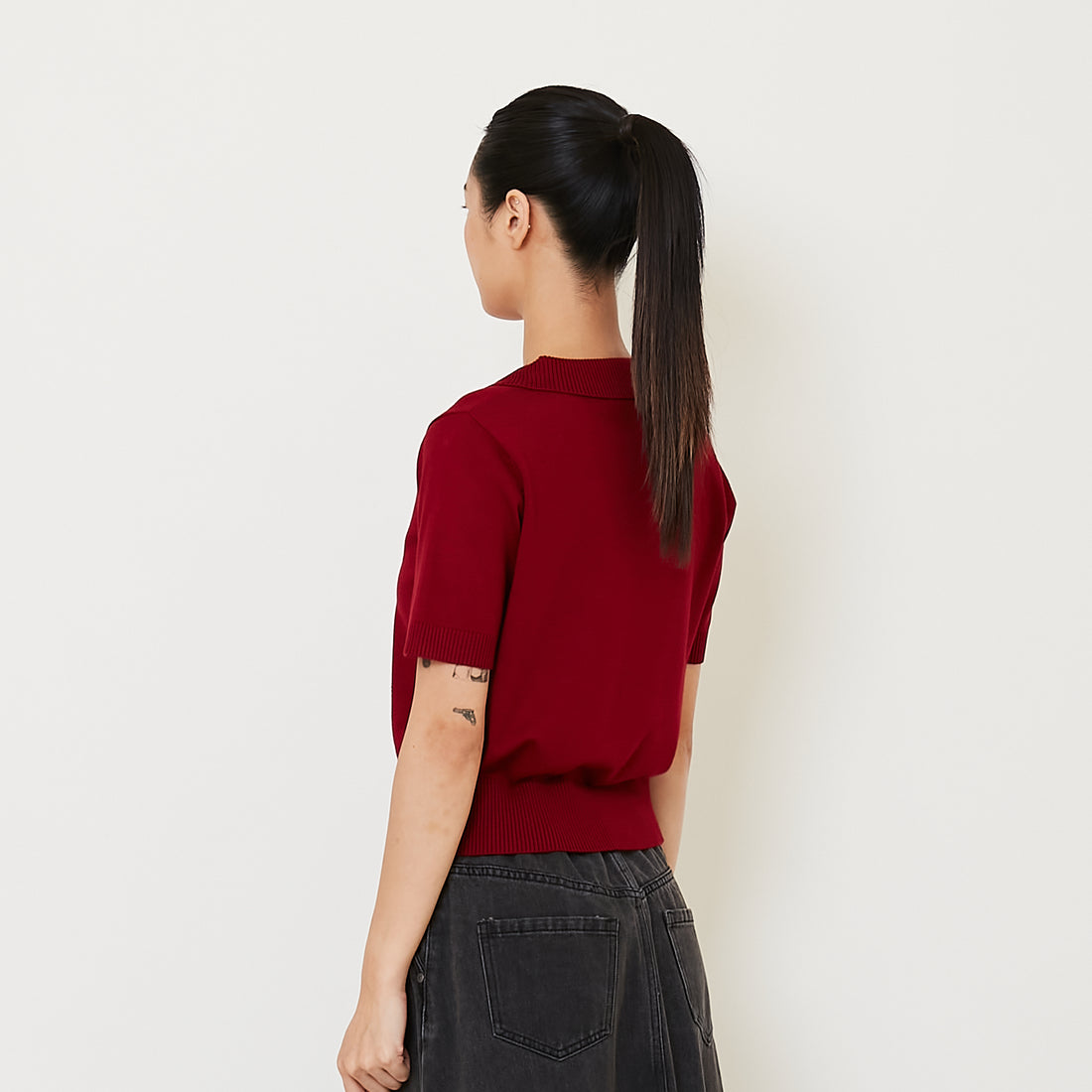 Women Knit Polo Top - Dark Red - SW2412224D