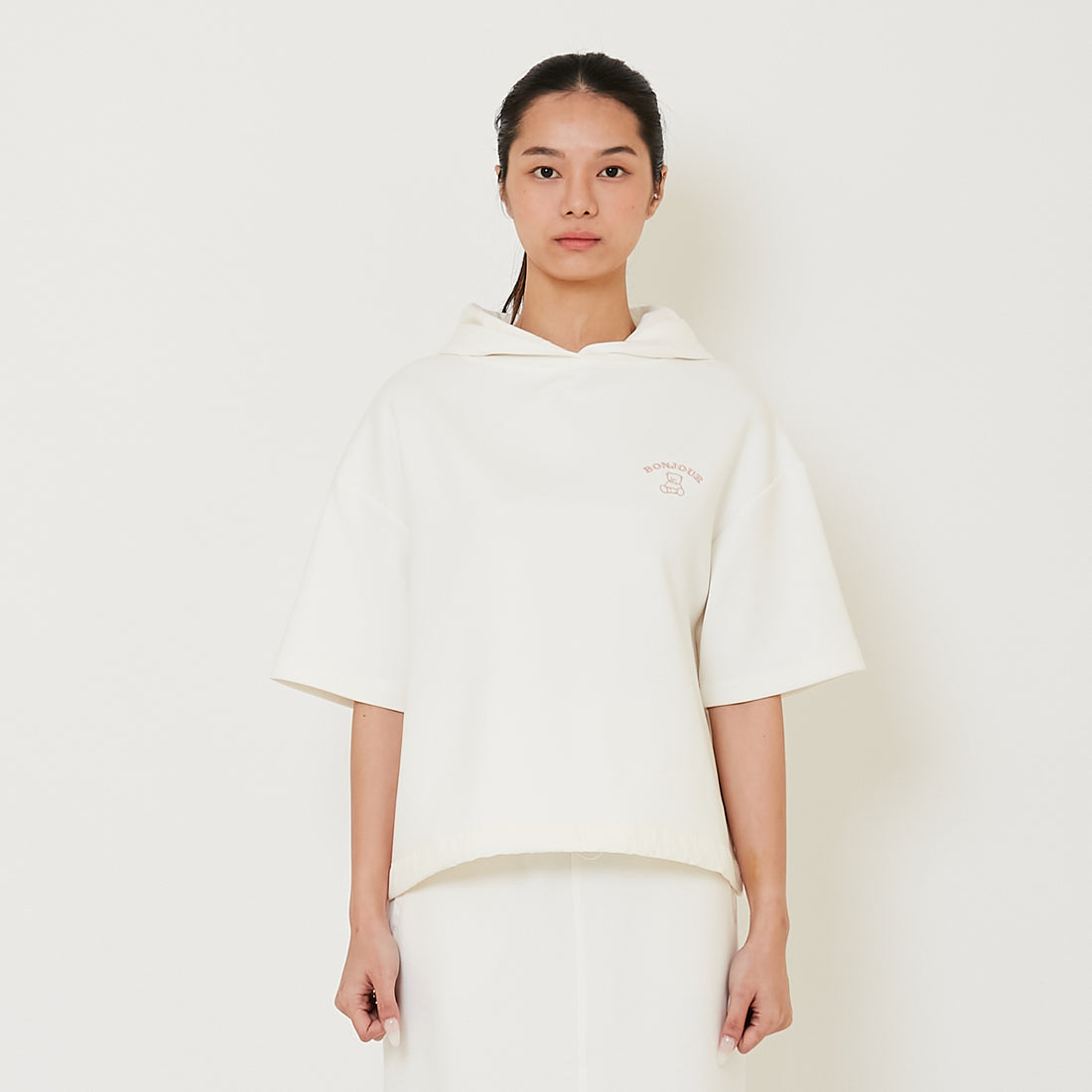 Women Embroidery Boxy Hoodie - Off White - SW2412229A