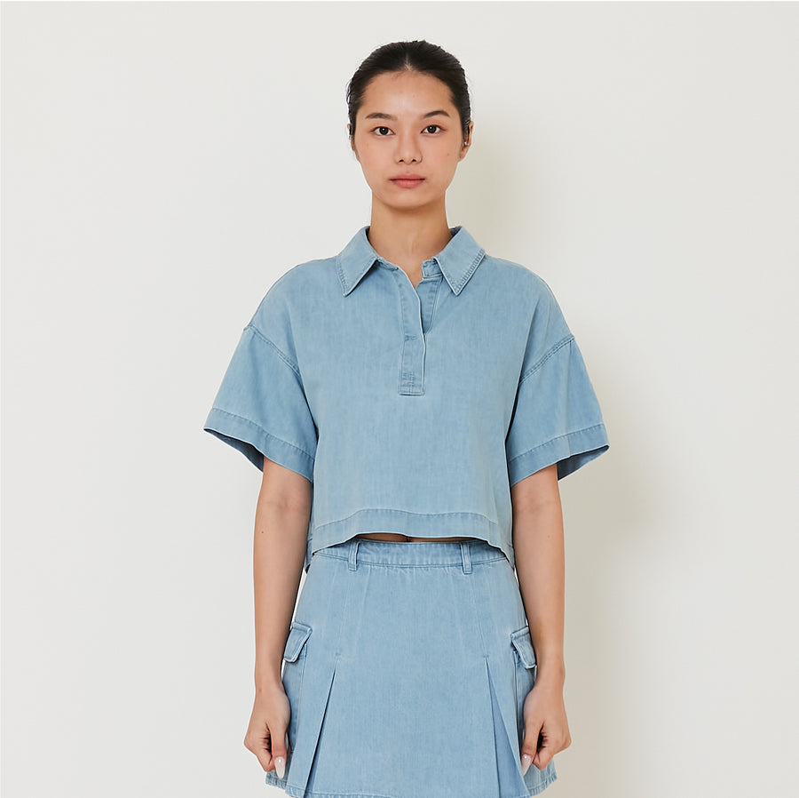 Women Boxy Polo Top - Light Blue - SW2412234B