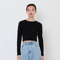 Women Long Sleeve Cropped Top - Black - SW2501003B