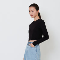 Women Long Sleeve Cropped Top - Black - SW2501003B