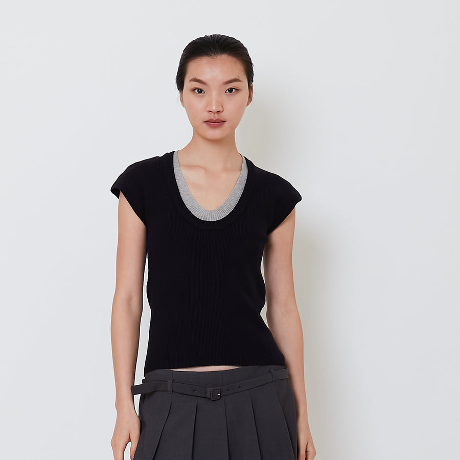 Women Contrast Rib Knit Top - Navy - SW2501012D