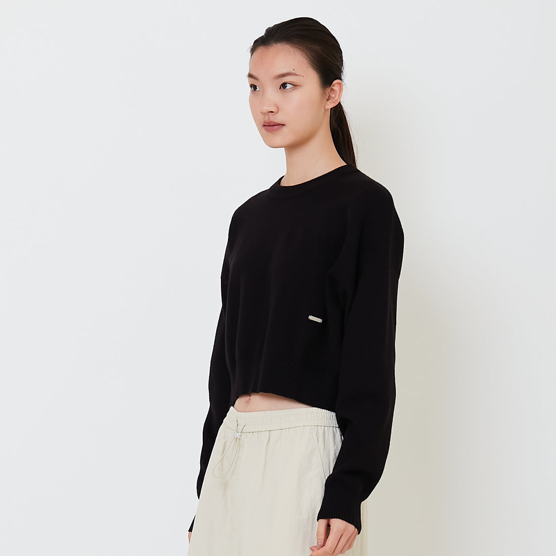 Women Oversized Cropped Sweater - Black - SW2502042D