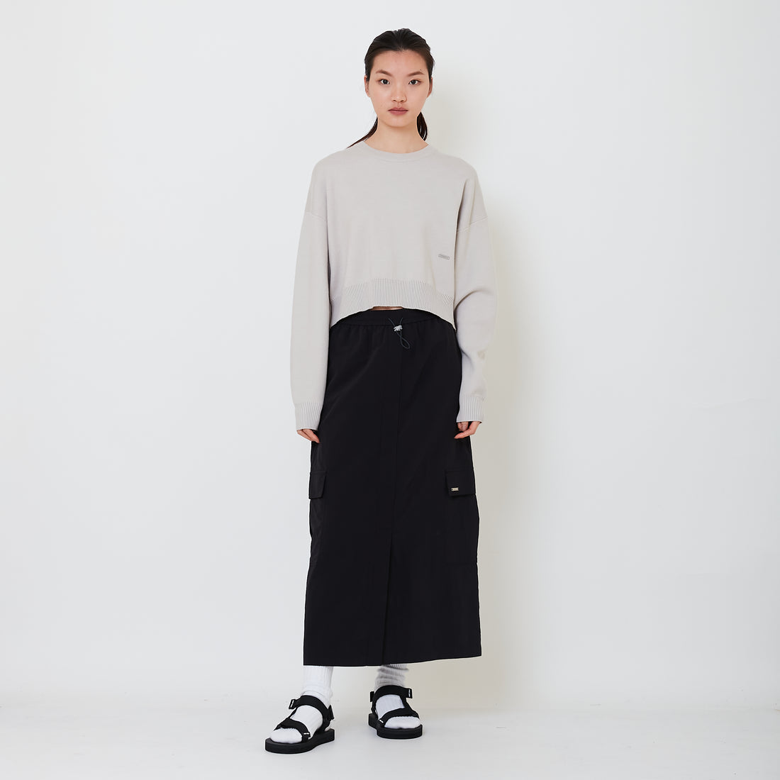 Women Nylon Midi Skirt - Black - SW2502045B