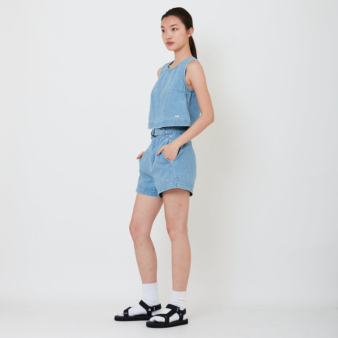 Women Denim Shorts with Belt - Light Blue - SW2502049B