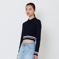 Women Cable Knit Polo - Navy - SW2503059B