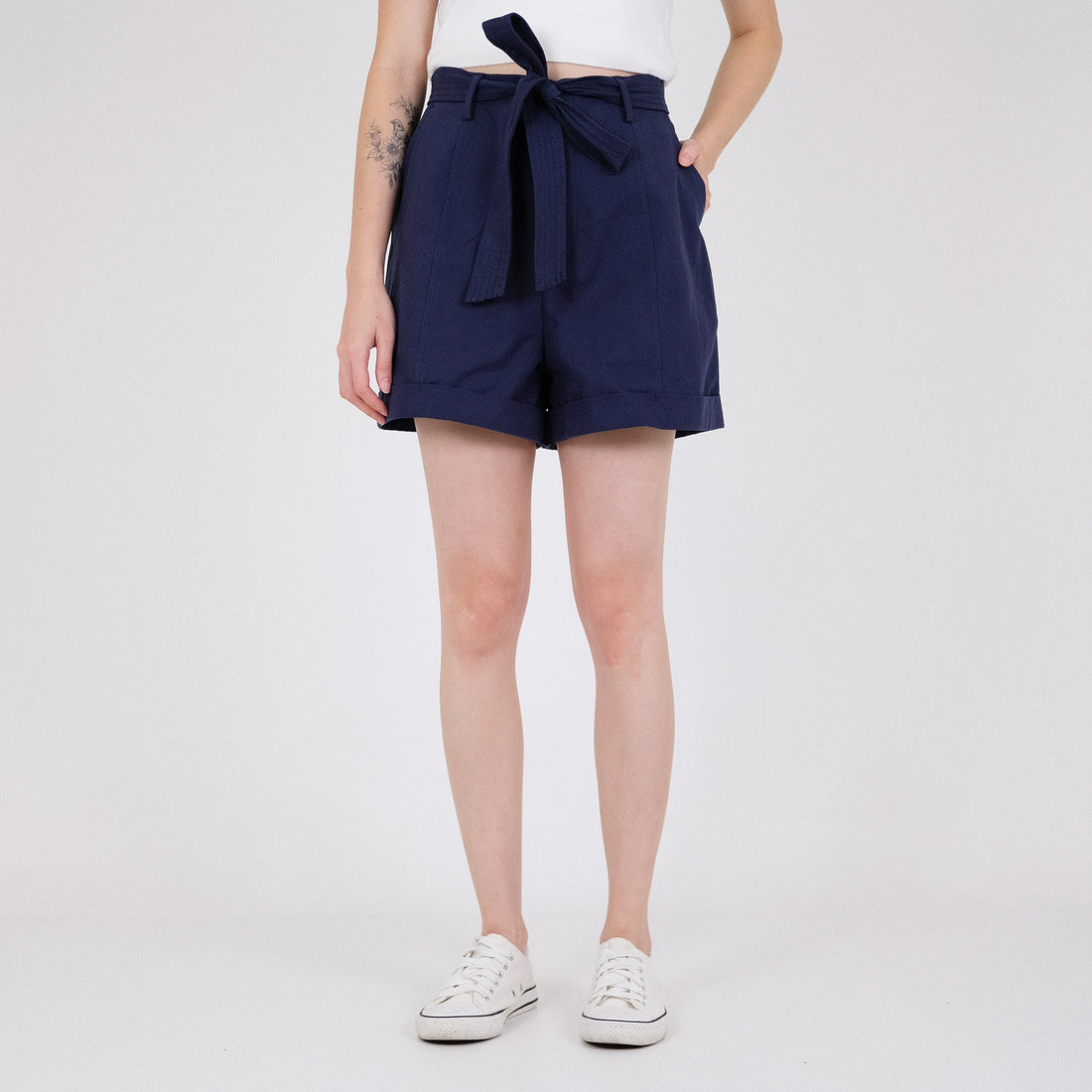 Women Elastic Waist Shorts - Navy - SW2204457D